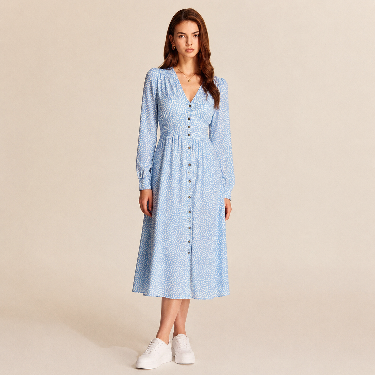 V-Neck Long Sleeve Button Front Floral Maxi Dress 4