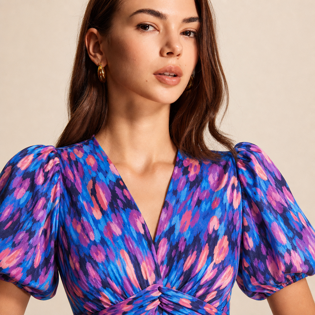 Floral V-Neck Puff Sleeve Twist Front Midi Dress 5