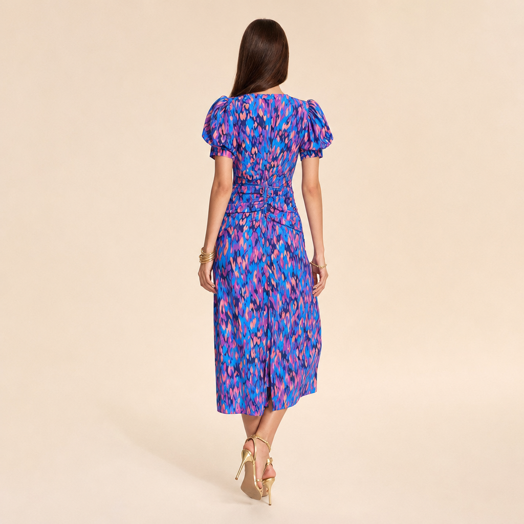 Floral V-Neck Puff Sleeve Twist Front Midi Dress 6
