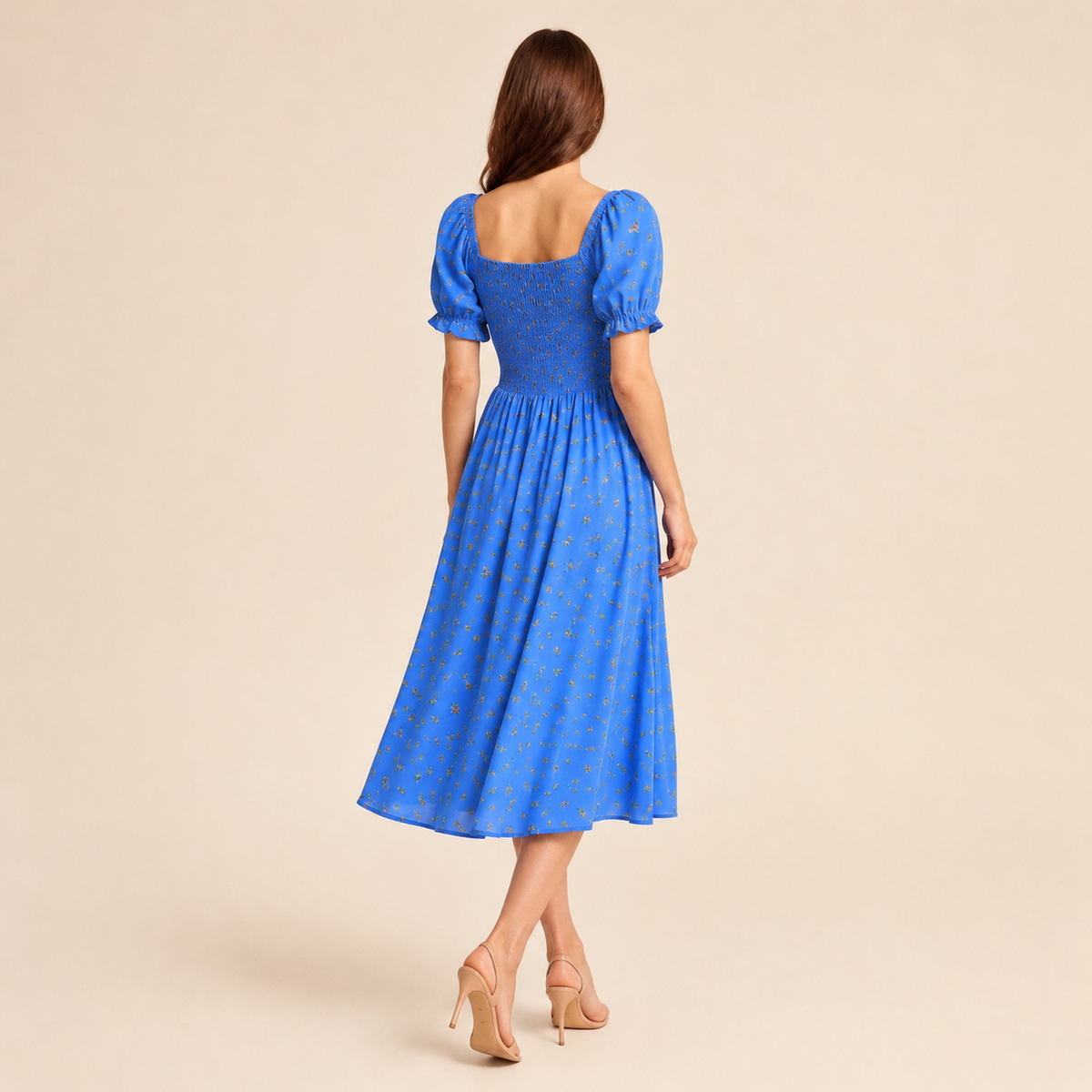 Floral Square Neck Puff Sleeve Smocked High Split Midi Dress 23