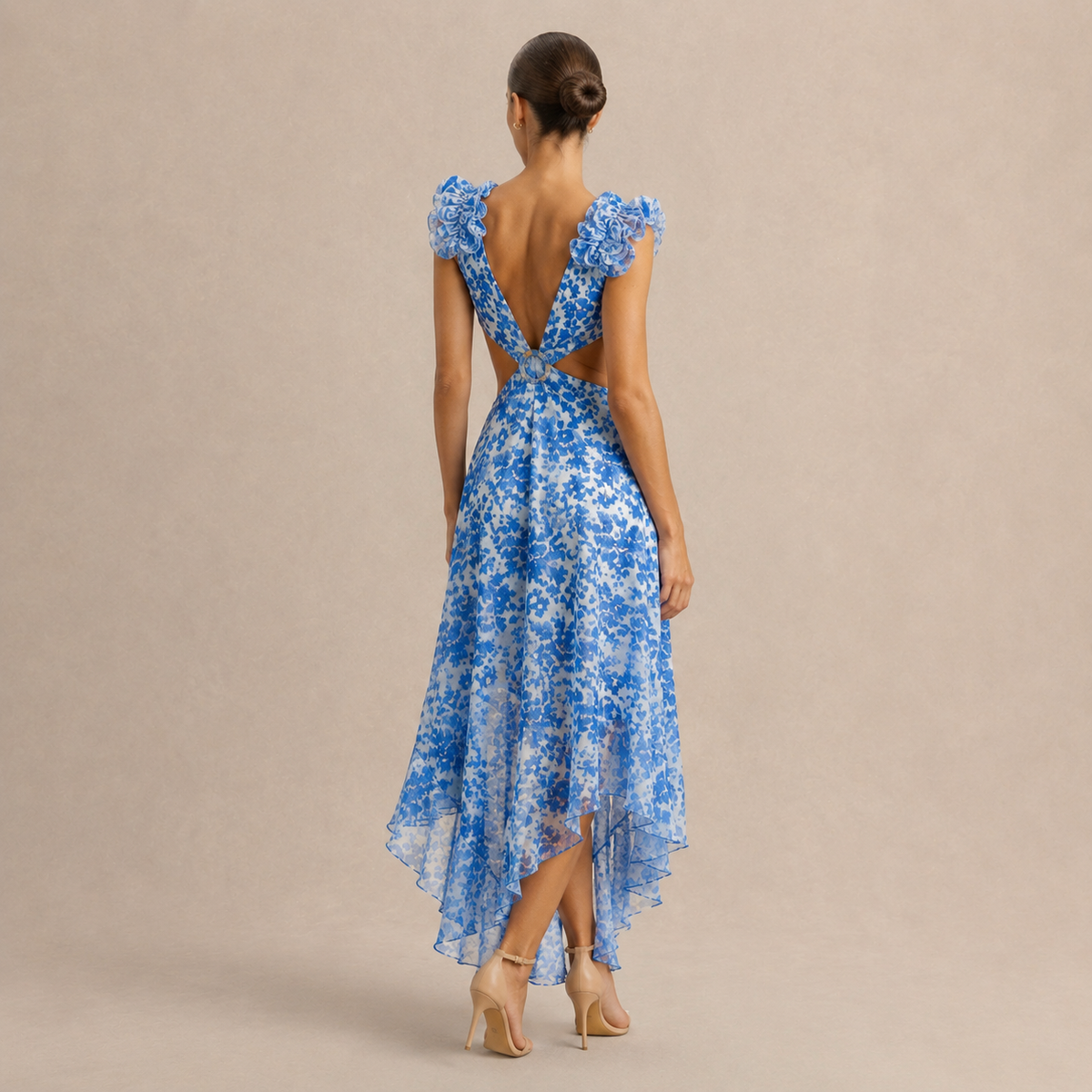 Plunge Ruffle Strap Cut Out Floral High Low Maxi Dress 6