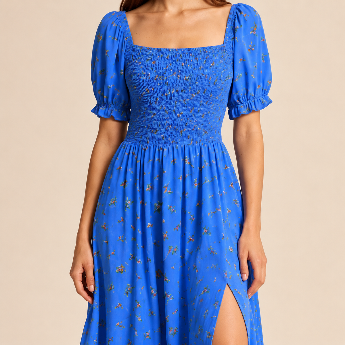 Floral Square Neck Puff Sleeve Smocked High Split Midi Dress 22