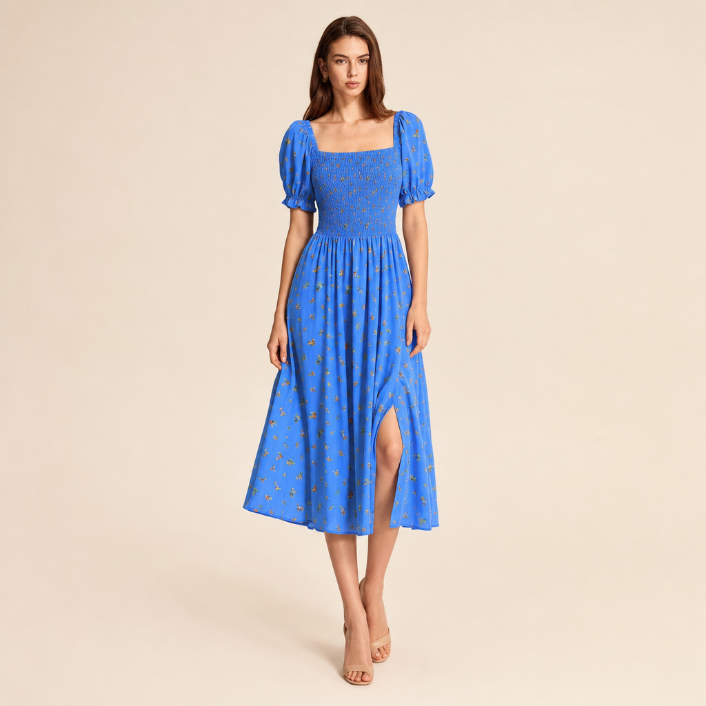 Floral Square Neck Puff Sleeve Smocked High Split Midi Dress 21