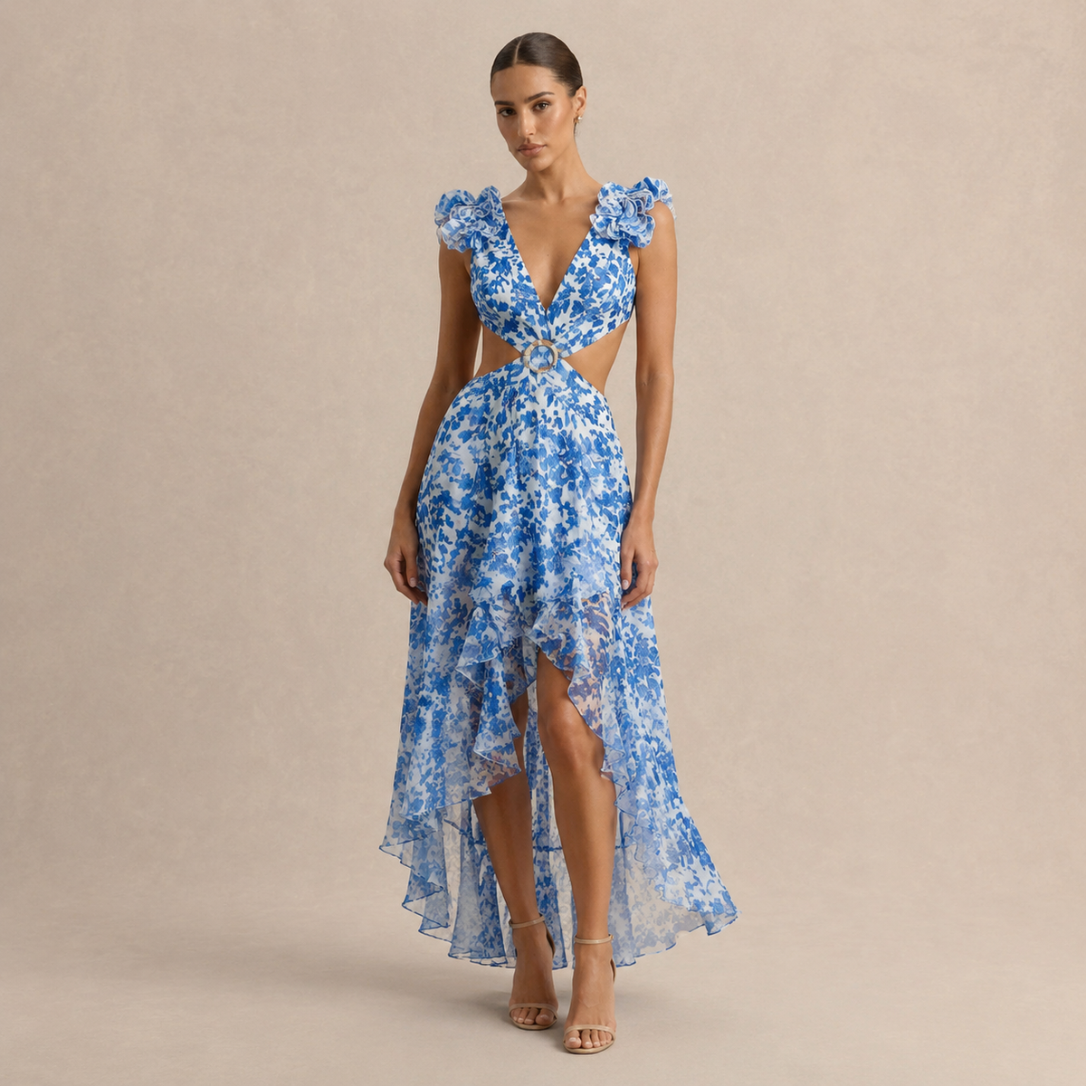 Plunge Ruffle Strap Cut Out Floral High Low Maxi Dress 4