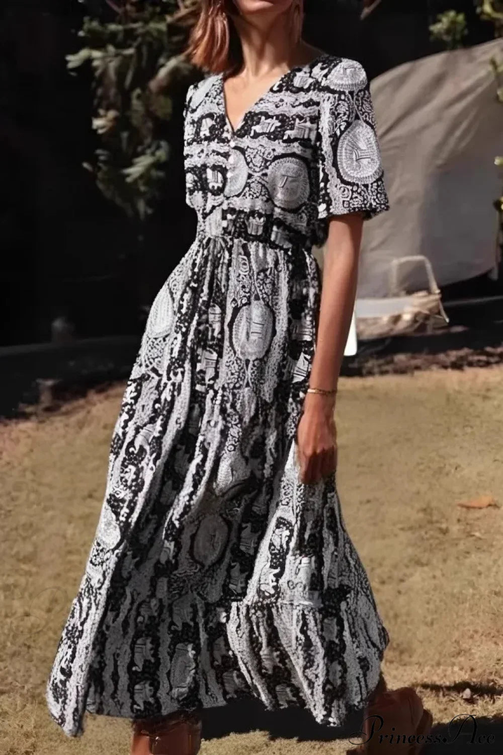 Blue Floral Print Ruffles Sleeve Rayon A-line Beach Maxi Boho Dress Black / S bohodress-250126