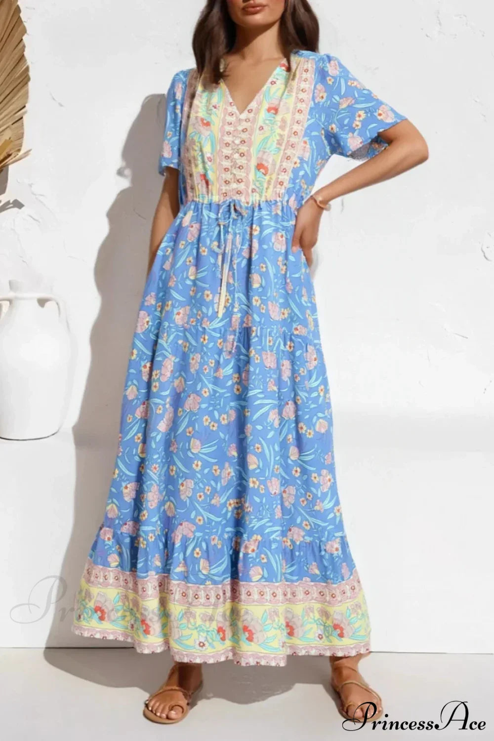 Blue Floral Ruffles Tassel Boho Dress light blue / S bohodress-250126