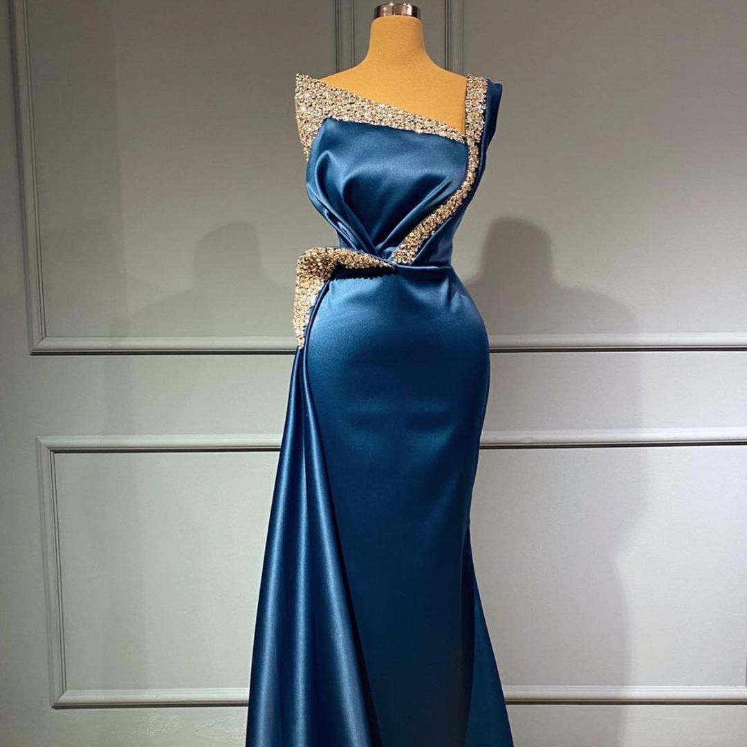 Blue Mermaid Evening Dress Long With Beads - Fashionpara