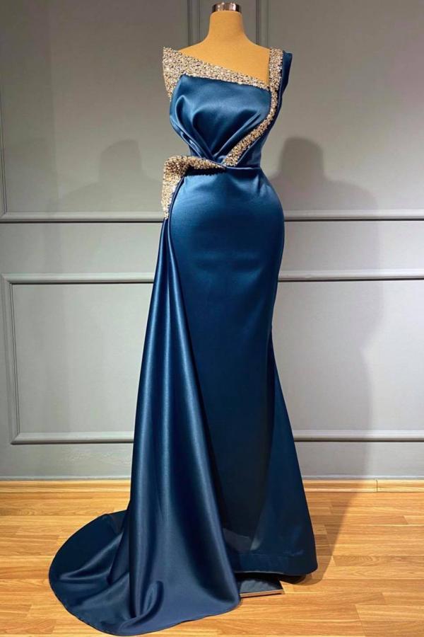 Blue Mermaid Evening Dress Long With Beads - Fashionpara