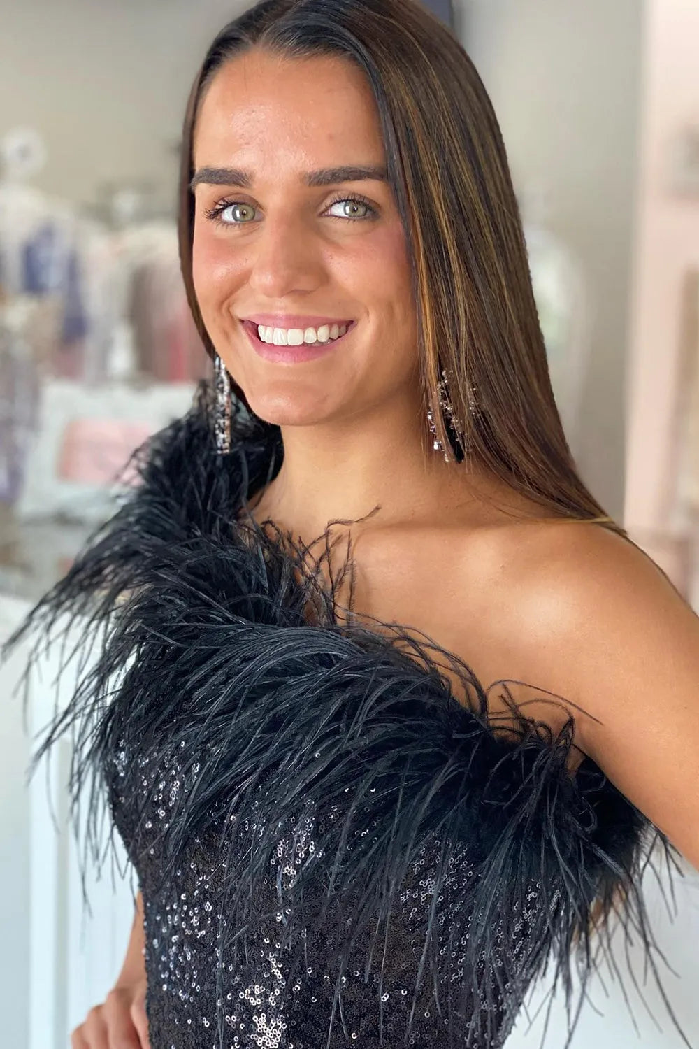 Farrah Sheath Sparkling Sequin Homecoming Dress with Feather Details - Fashionpara