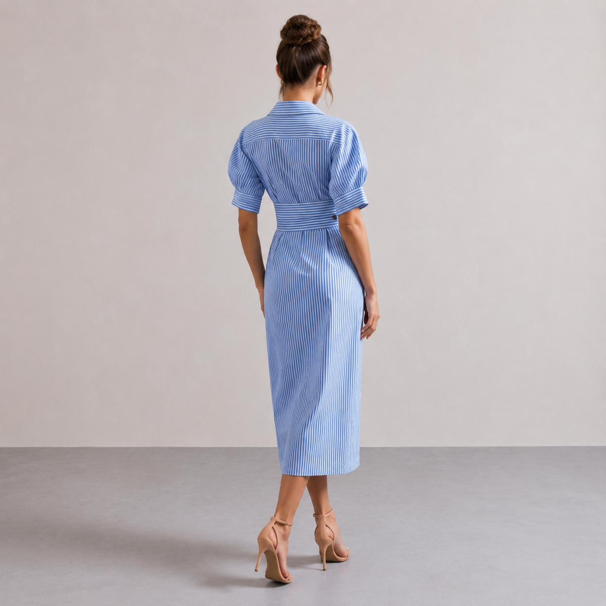 Striped Collared Puff Sleeve Button Front Belted Midi Dress 9