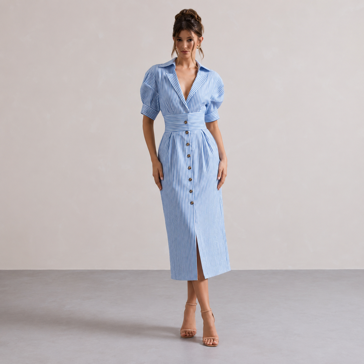 Striped Collared Puff Sleeve Button Front Belted Midi Dress 7