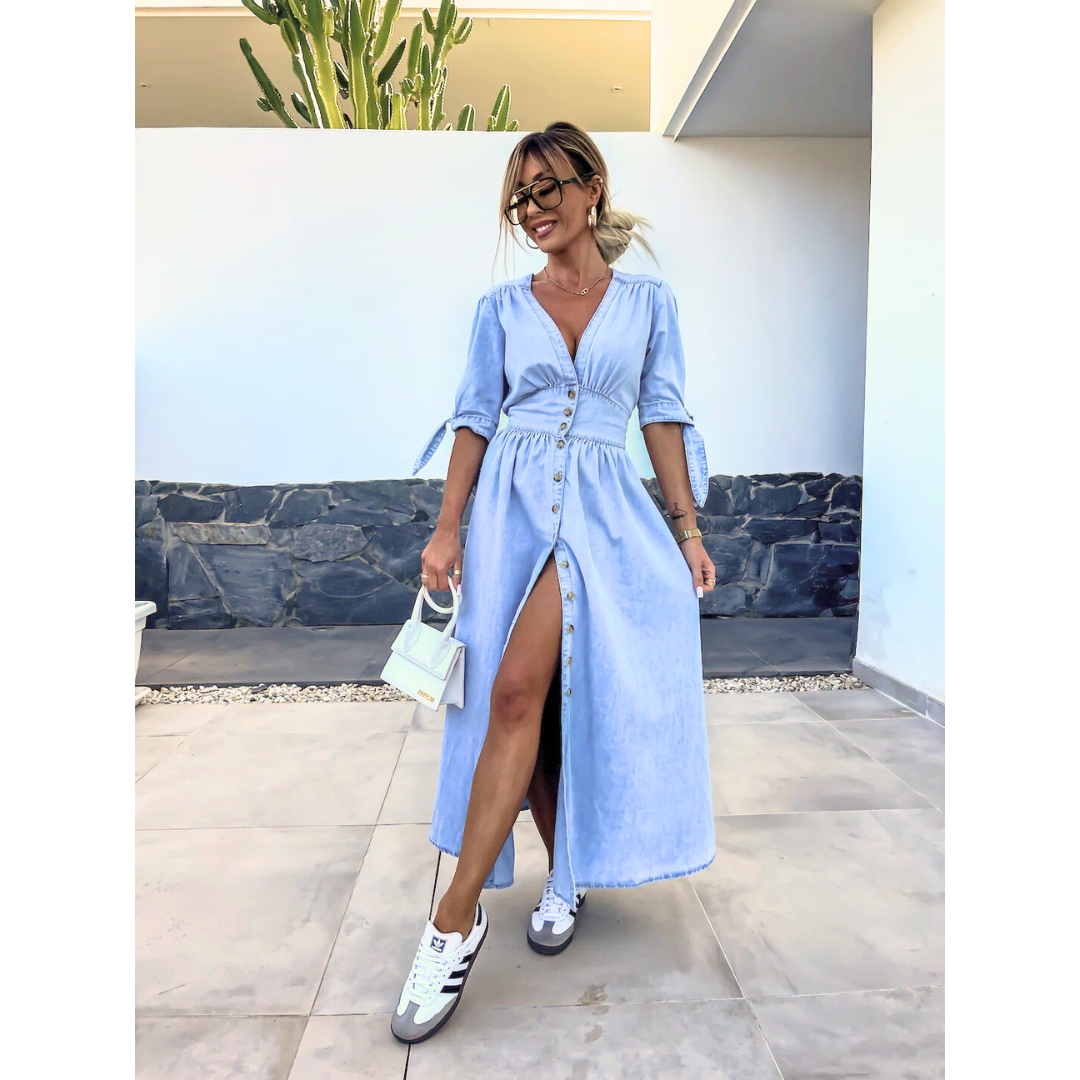 V-Neck Puff Sleeve Button Front High Split Midi Dress 4