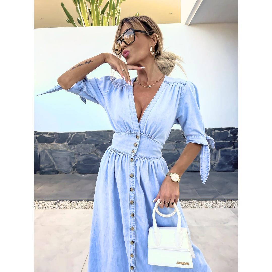 V-Neck Puff Sleeve Button Front High Split Midi Dress 5