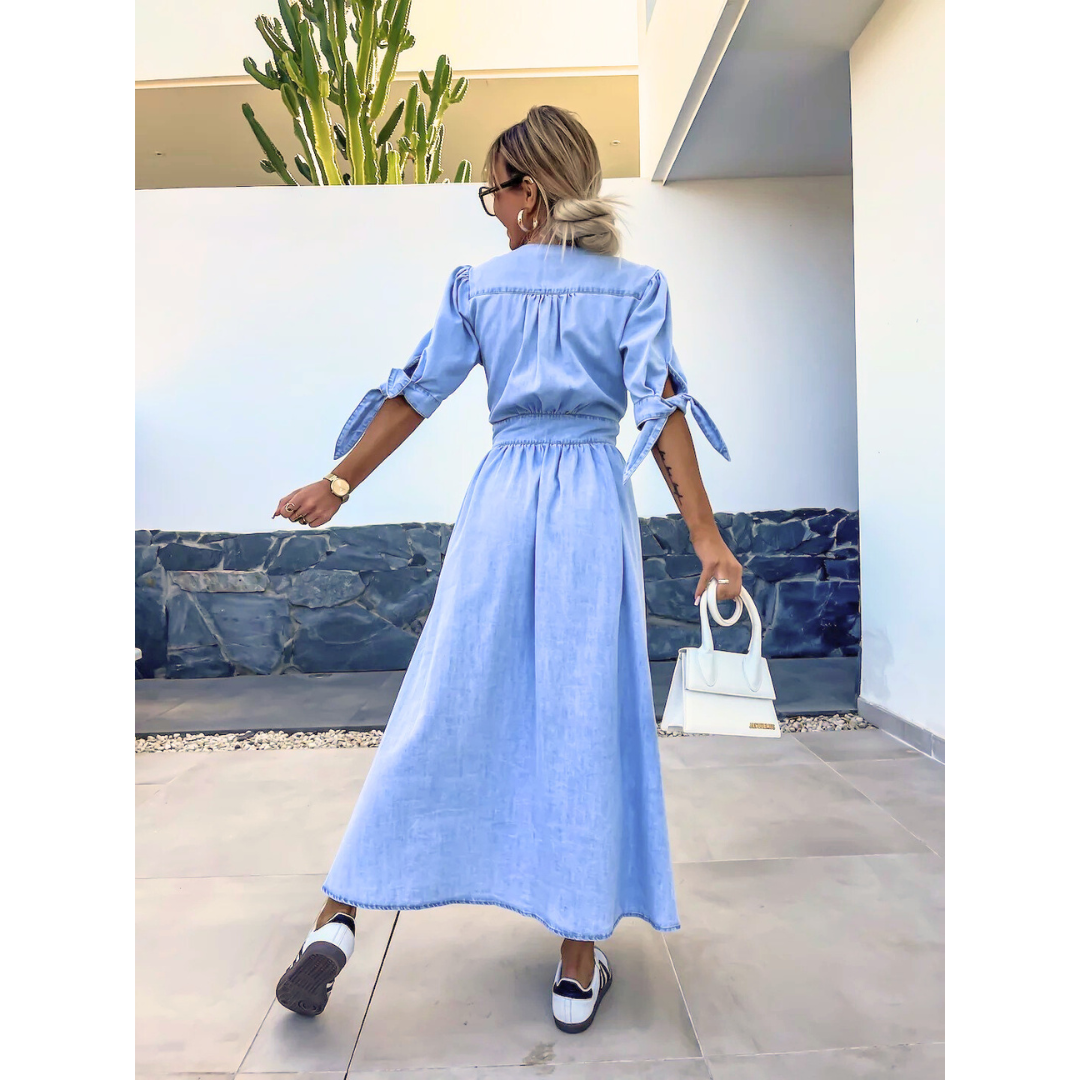 V-Neck Puff Sleeve Button Front High Split Midi Dress 6