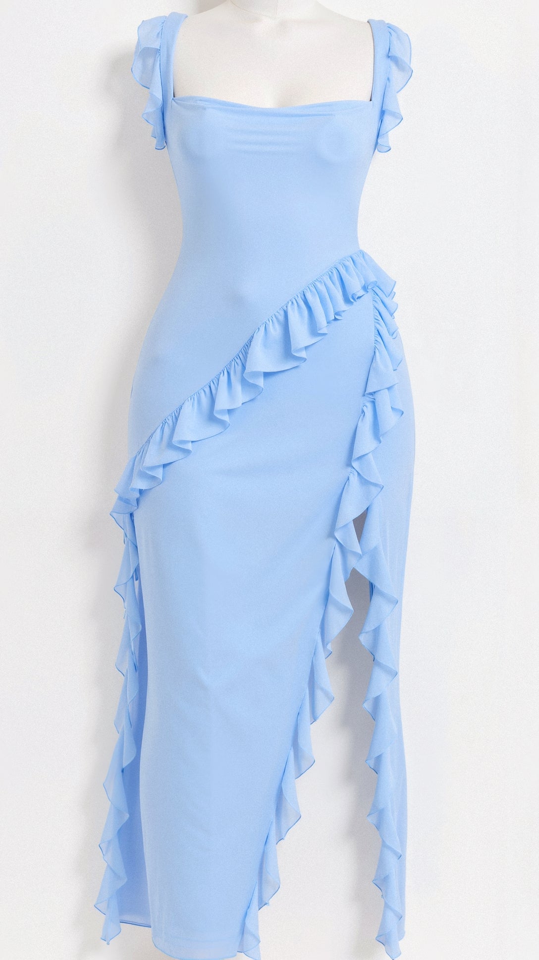 Square Neck Ruffle Strap Asymmetrical Ruffle Hem Midi Dress - View 8