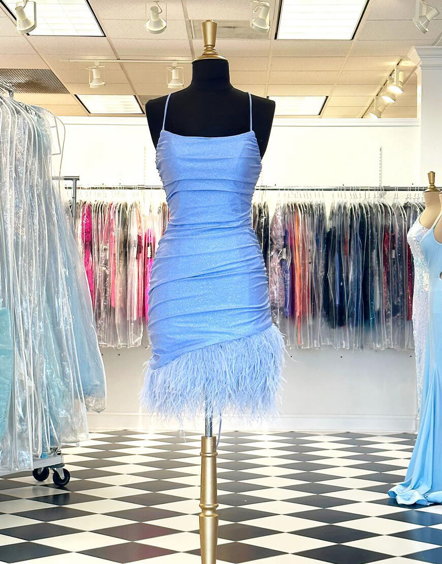 Anastasia Sheath Blue Homecoming Dress with Feather Details - Fashionpara