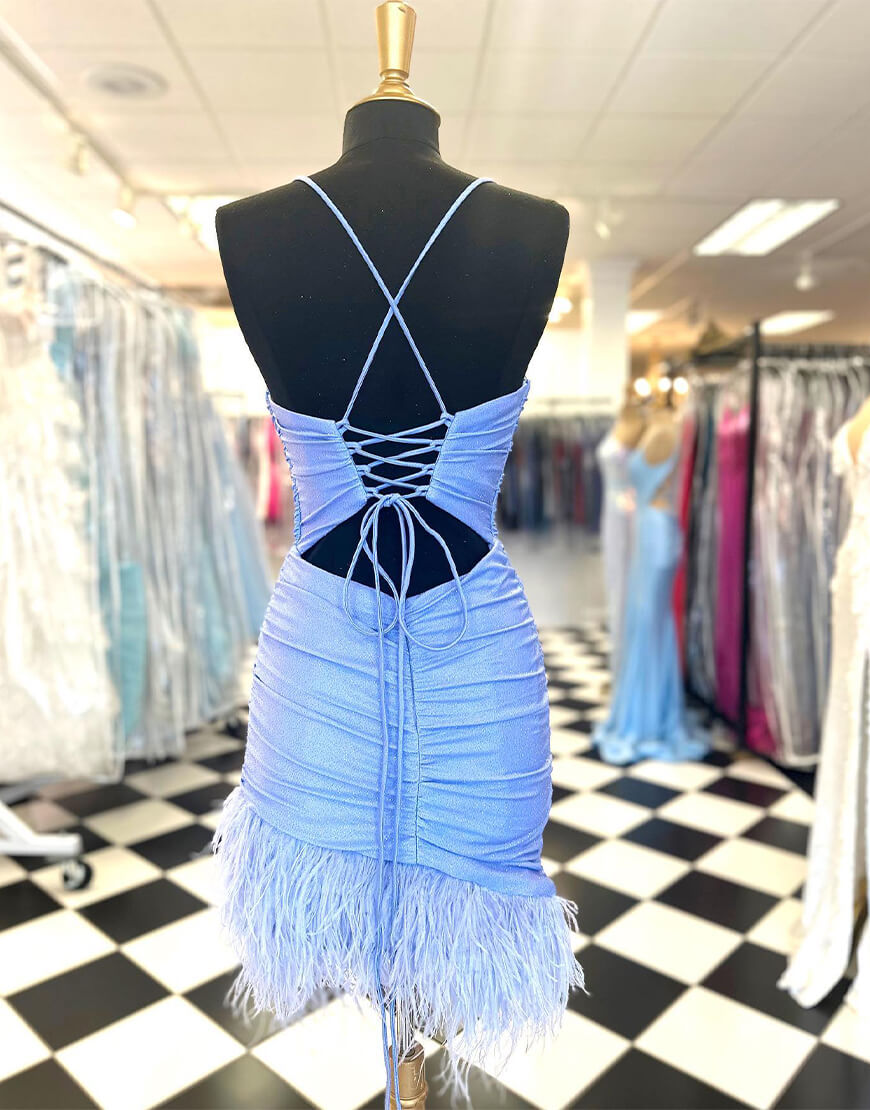 Anastasia Sheath Blue Homecoming Dress with Feather Details - Fashionpara