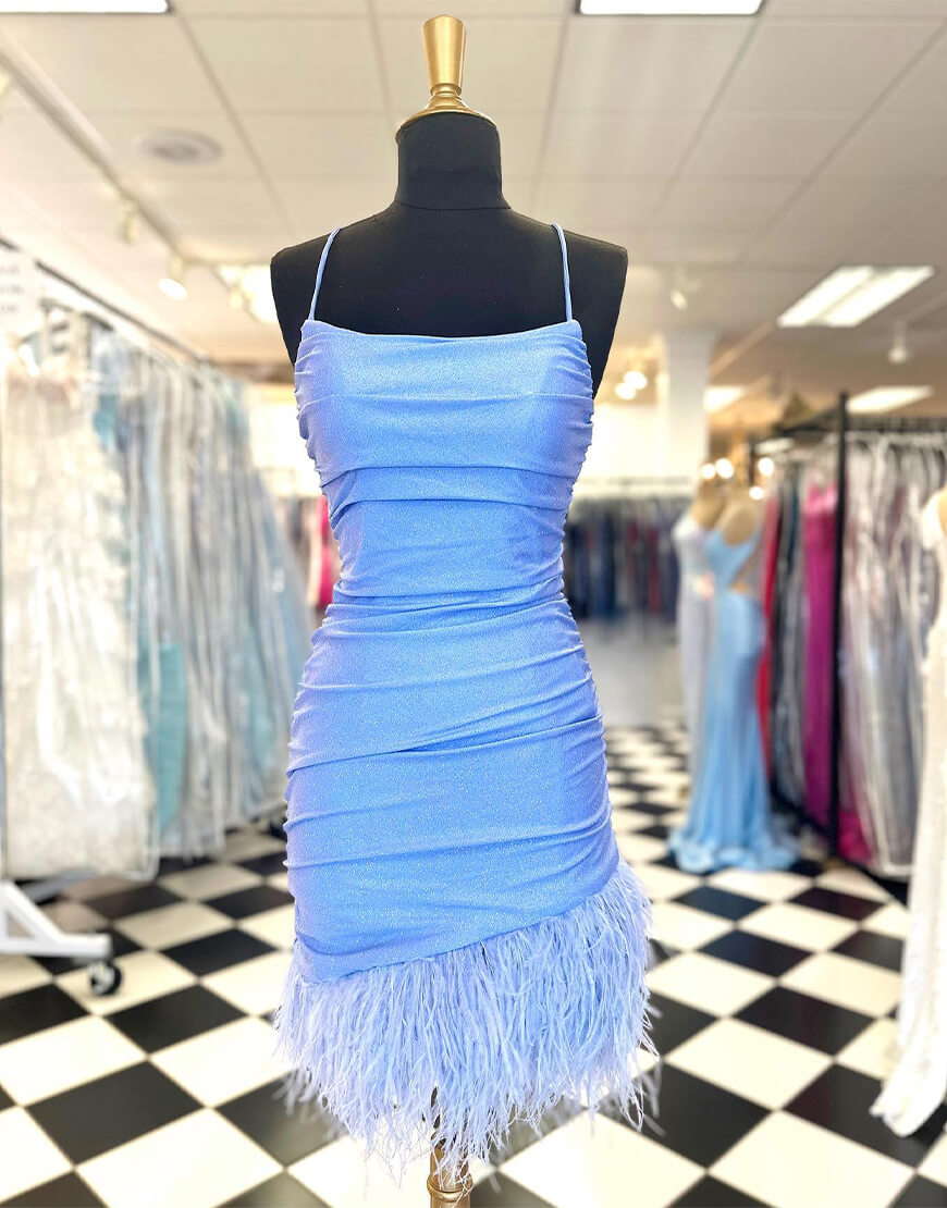 Anastasia Sheath Blue Homecoming Dress with Feather Details - Fashionpara