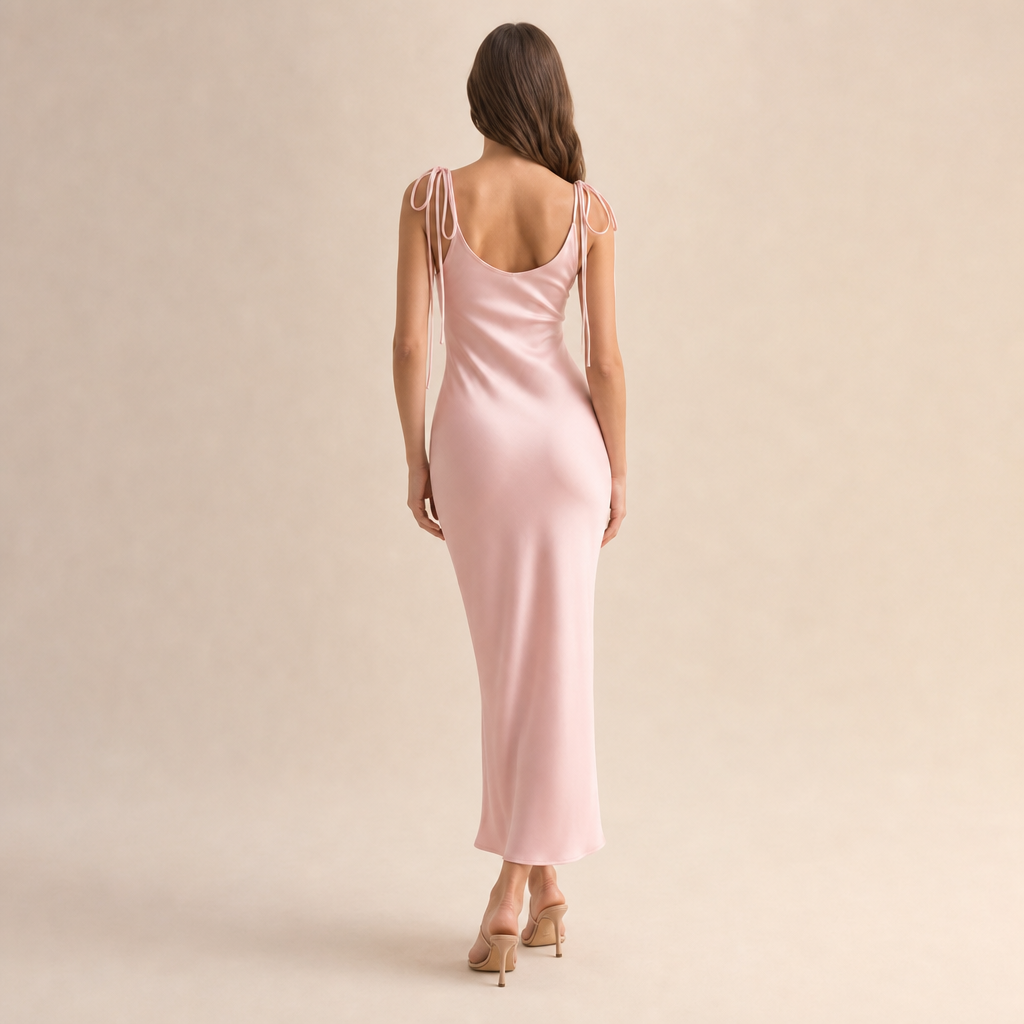 Satin V-Neck Tie Strap Cut Out Slip Maxi Dress 7