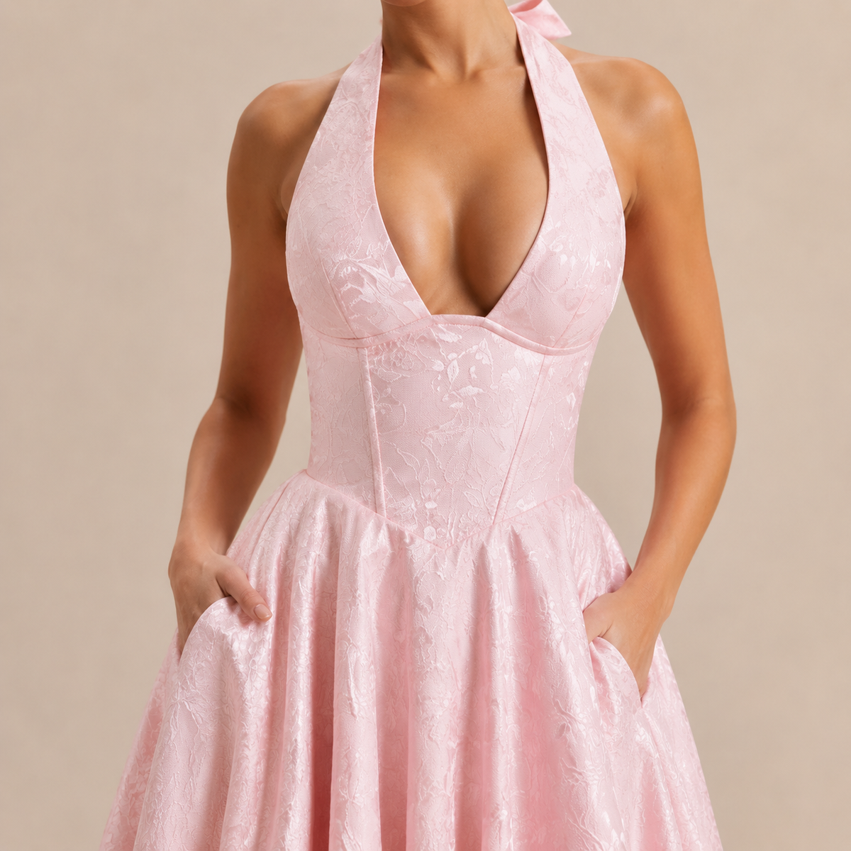 Floral Jacquard Halter Deep V-Neck Fit and Flare Midi Dress 8