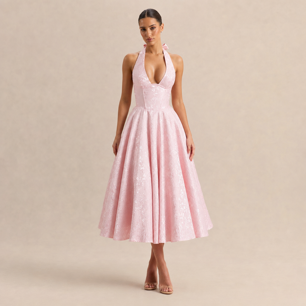 Floral Jacquard Halter Deep V-Neck Fit and Flare Midi Dress 7