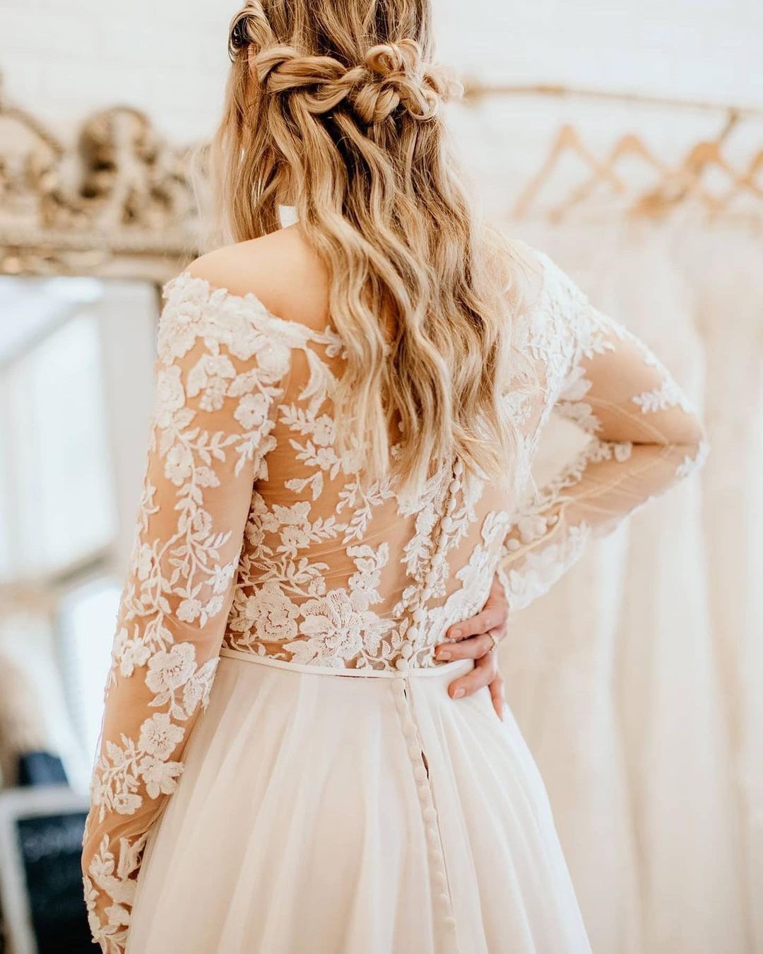 BMbrdal Off-the-Shoulder Long Sleeves Wedding Dress With Lace Appliques - Fashionpara