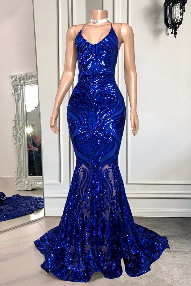 Bmbrdal Royal Blue Sleeveless Prom Dress Mermaid Sequins - Fashionpara