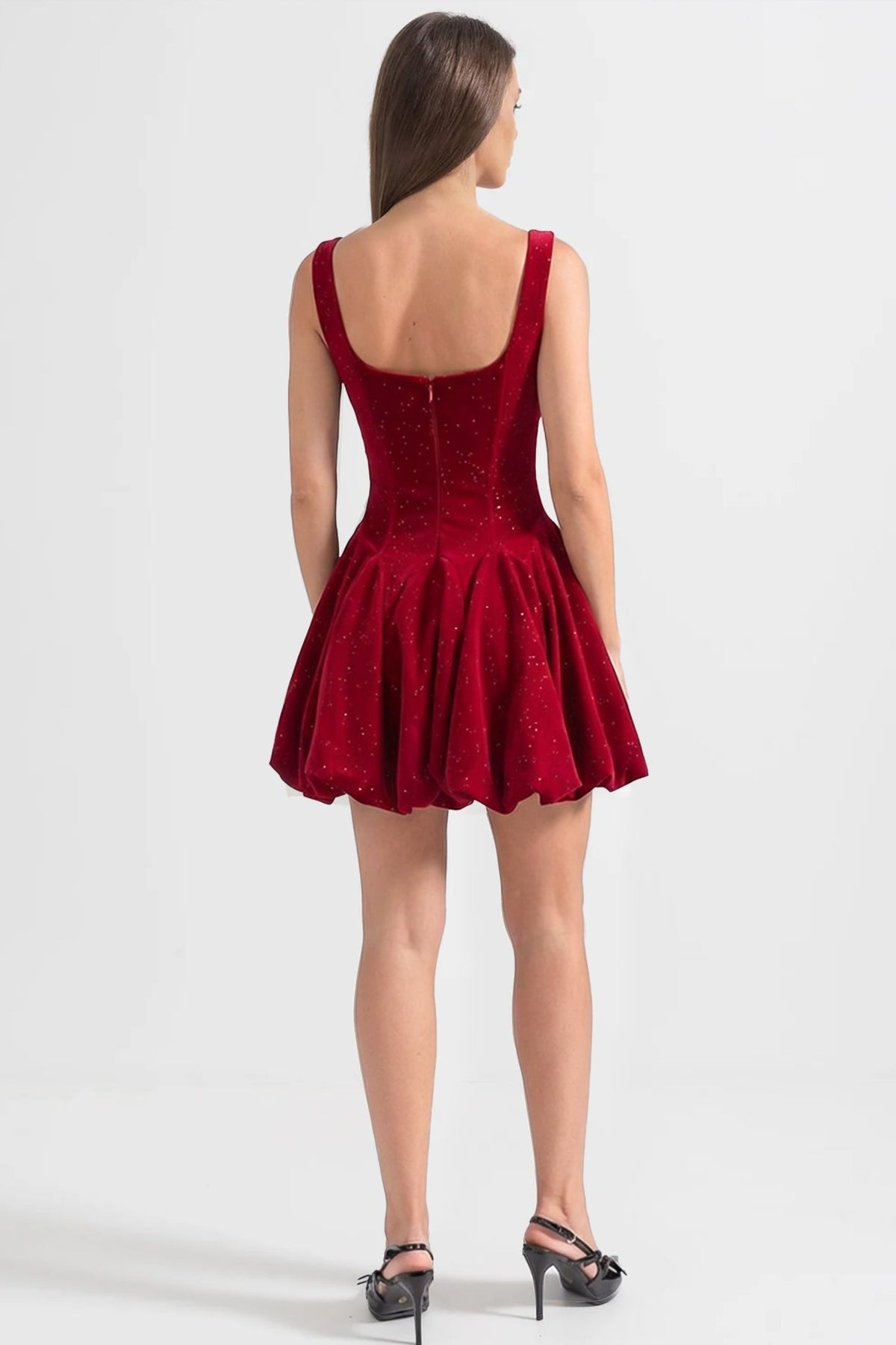 Velvet Corset Mini Dress with Crystal-Embellished Neckline – Burgundy - View 4