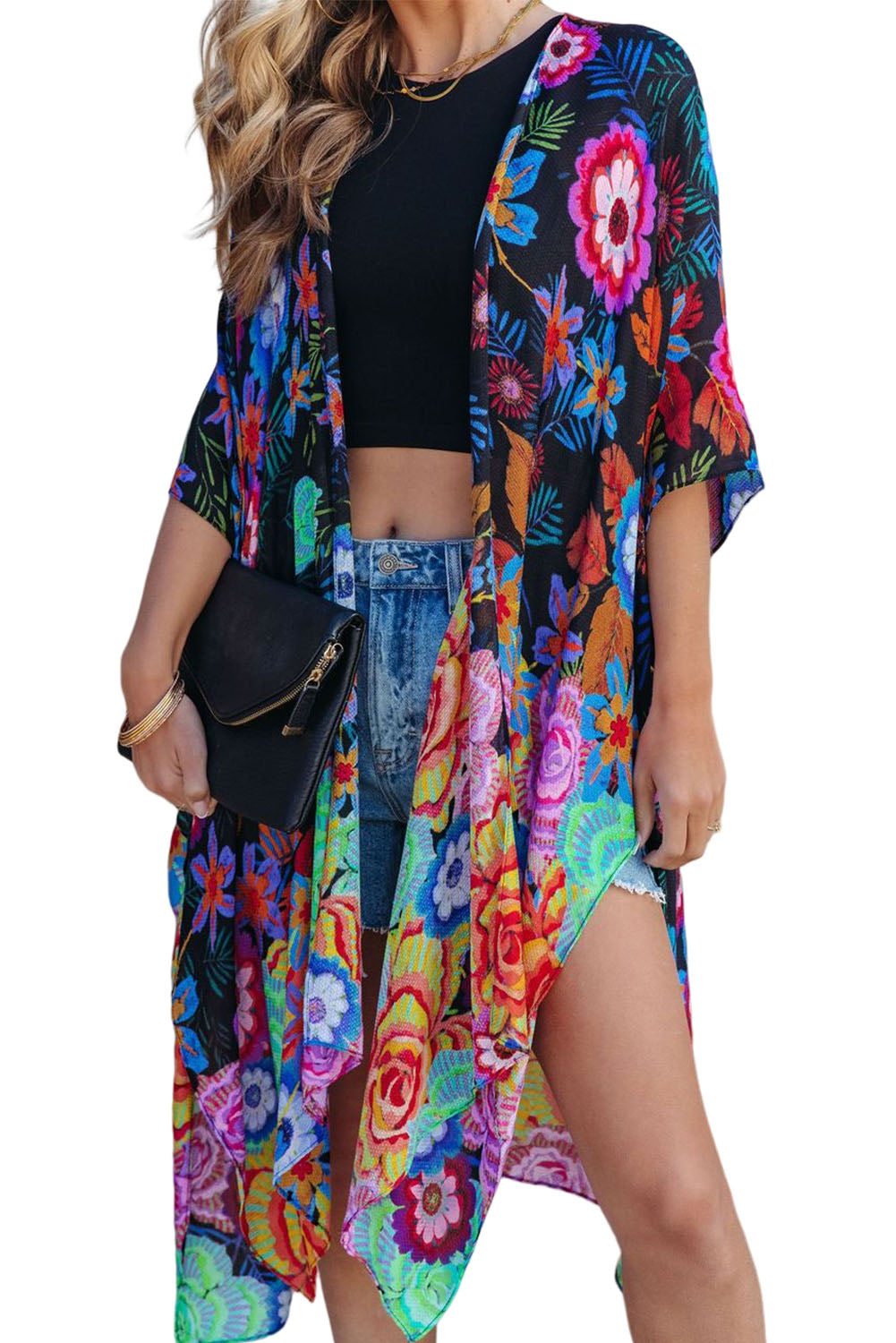 Bohemian Floral Print Half Sleeve Open Front Kimono  Fashionpara