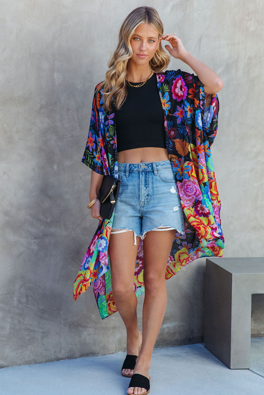 Bohemian Floral Print Half Sleeve Open Front Kimono  Fashionpara