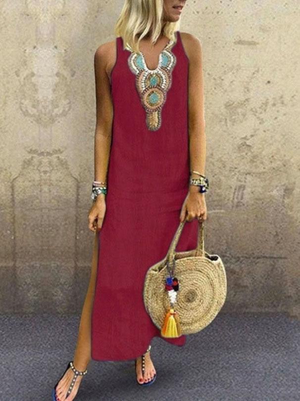 Embroidered V-Neck Sleeveless Side Split Maxi Dress 4