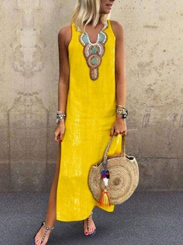 Embroidered V-Neck Sleeveless Side Split Maxi Dress 2
