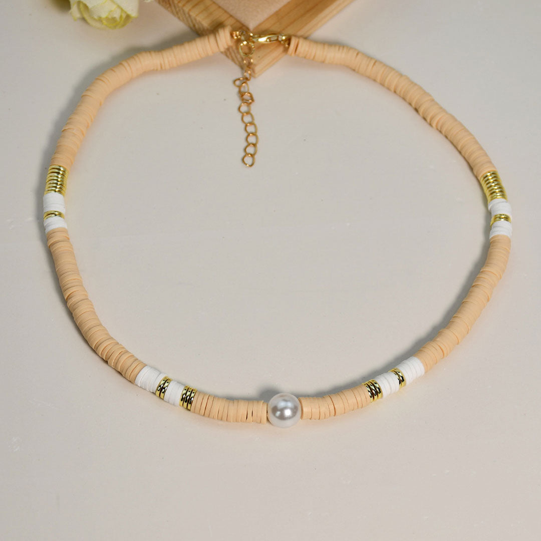 Faux Pearl Beaded Choker Necklace - Khaki