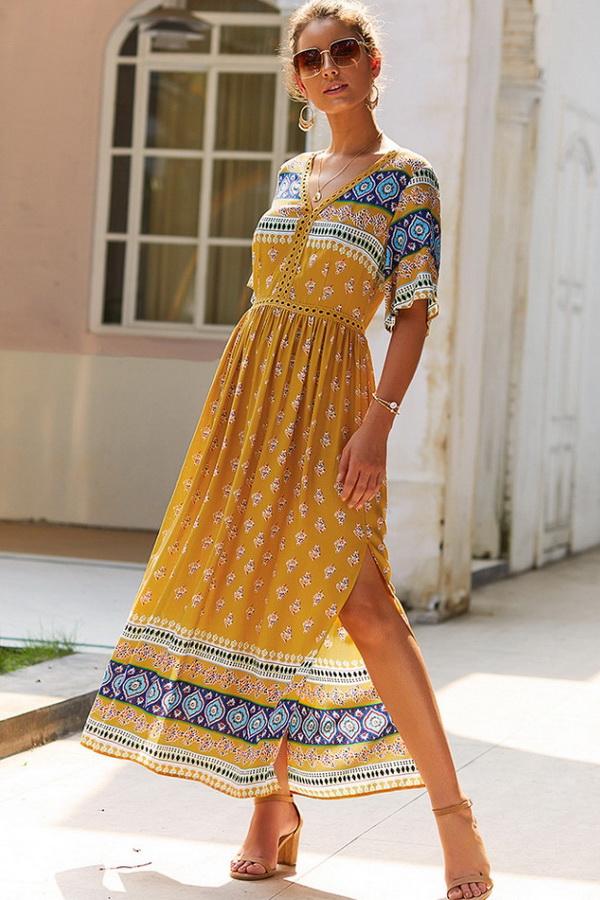 Bohemian V Neck Slit Dress - Fashionpara