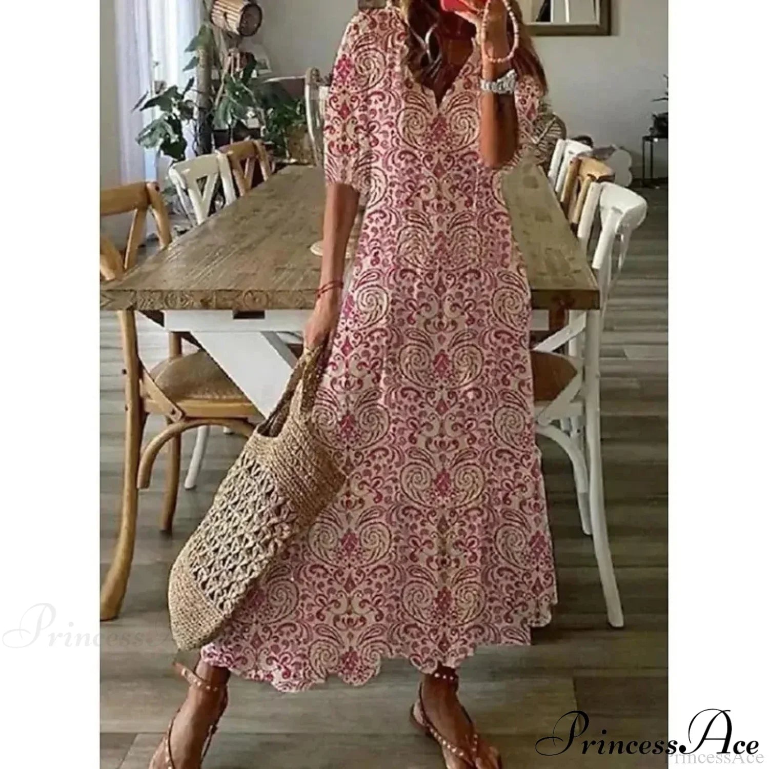 Bohemian Vintage Floral V-neck Summer Beach Dress Black / S oldfloraldress-250126