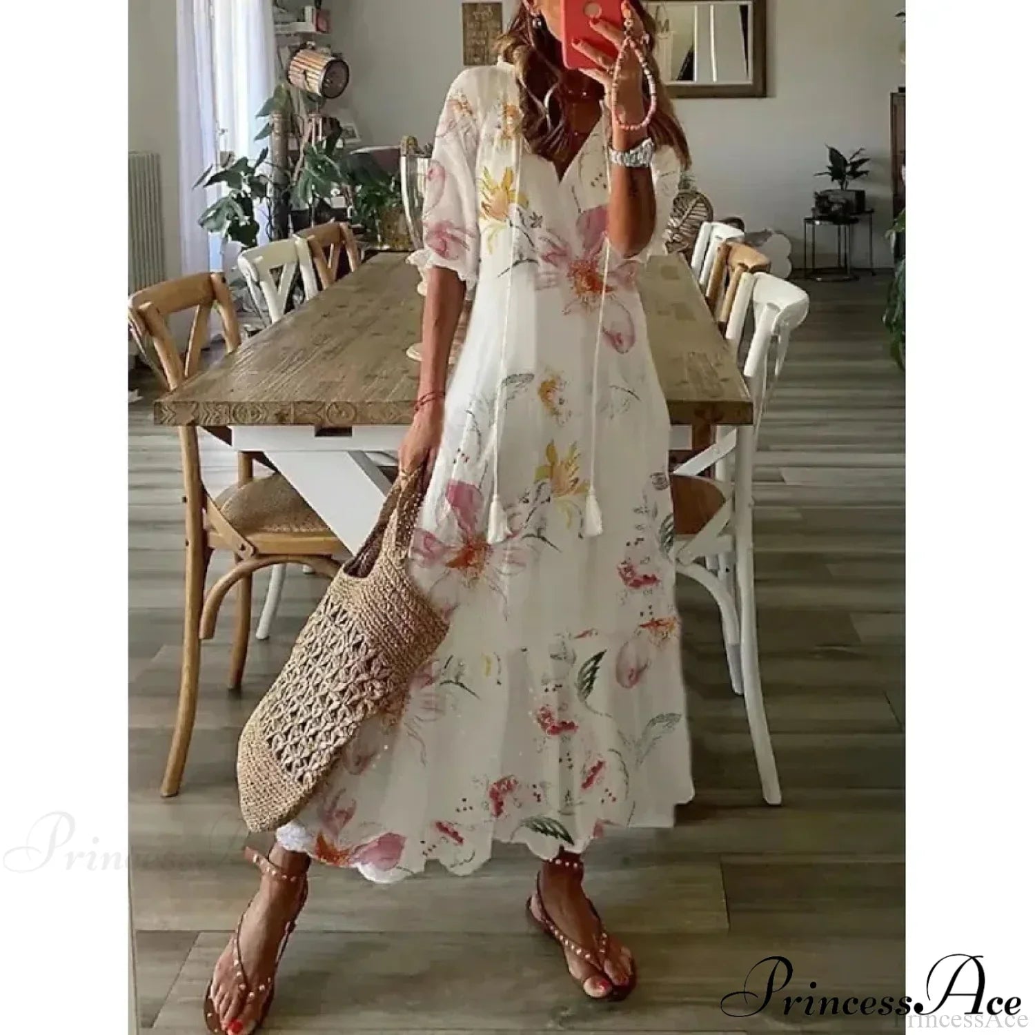 Bohemian Vintage Floral V-neck Summer Beach Dress Dark Grey / S oldfloraldress-250126