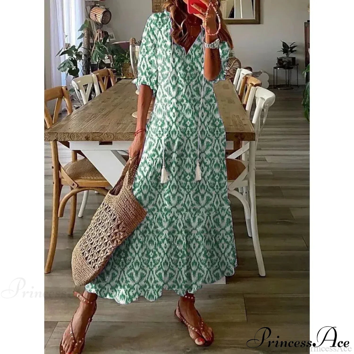 Bohemian Vintage Floral V-neck Summer Beach Dress Green / S oldfloraldress-250126