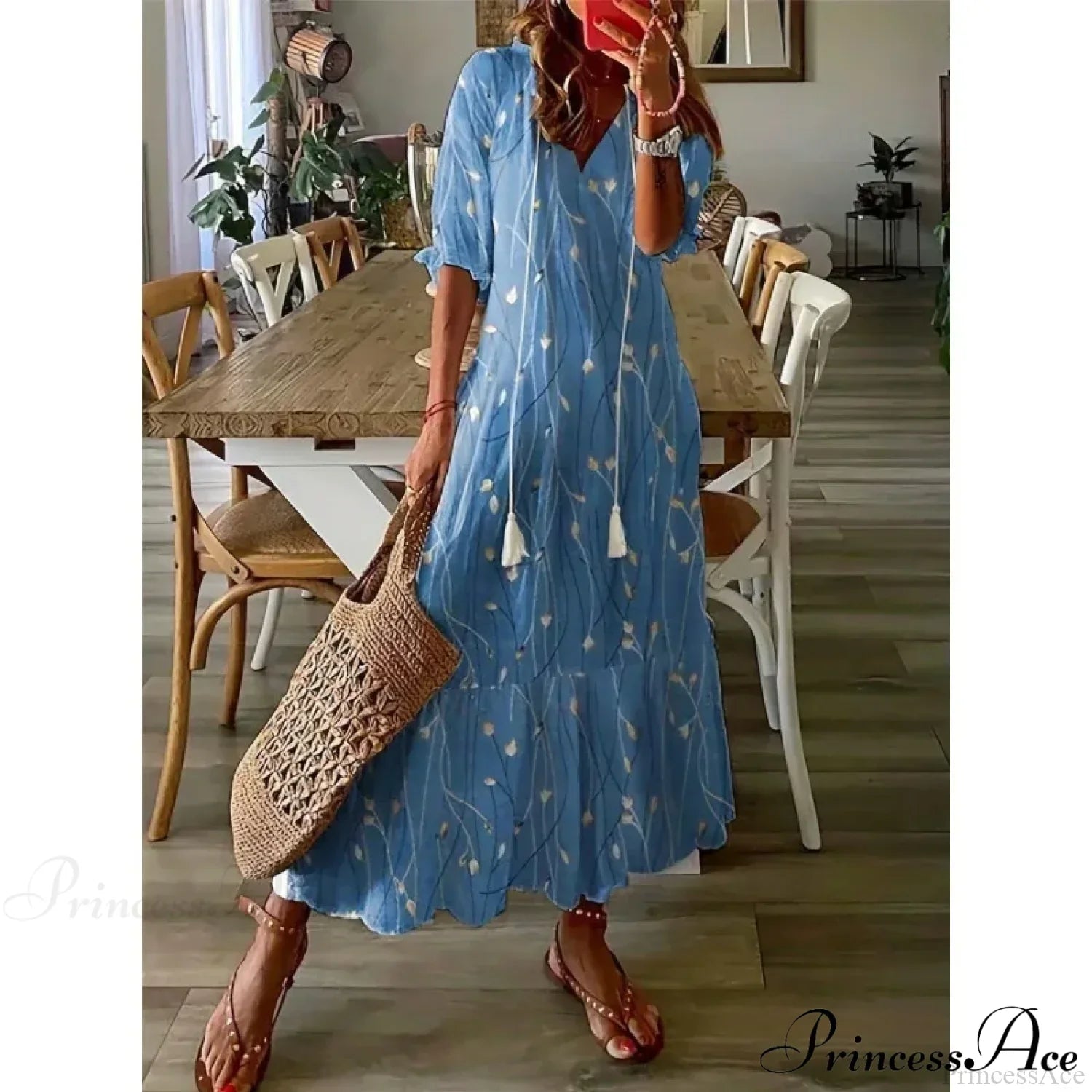 Bohemian Vintage Floral V-neck Summer Beach Dress Navy Blue / S oldfloraldress-250126