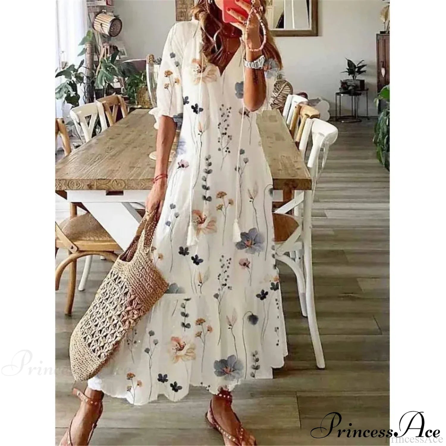 Bohemian Vintage Floral V-neck Summer Beach Dress WHITE / S oldfloraldress-250126