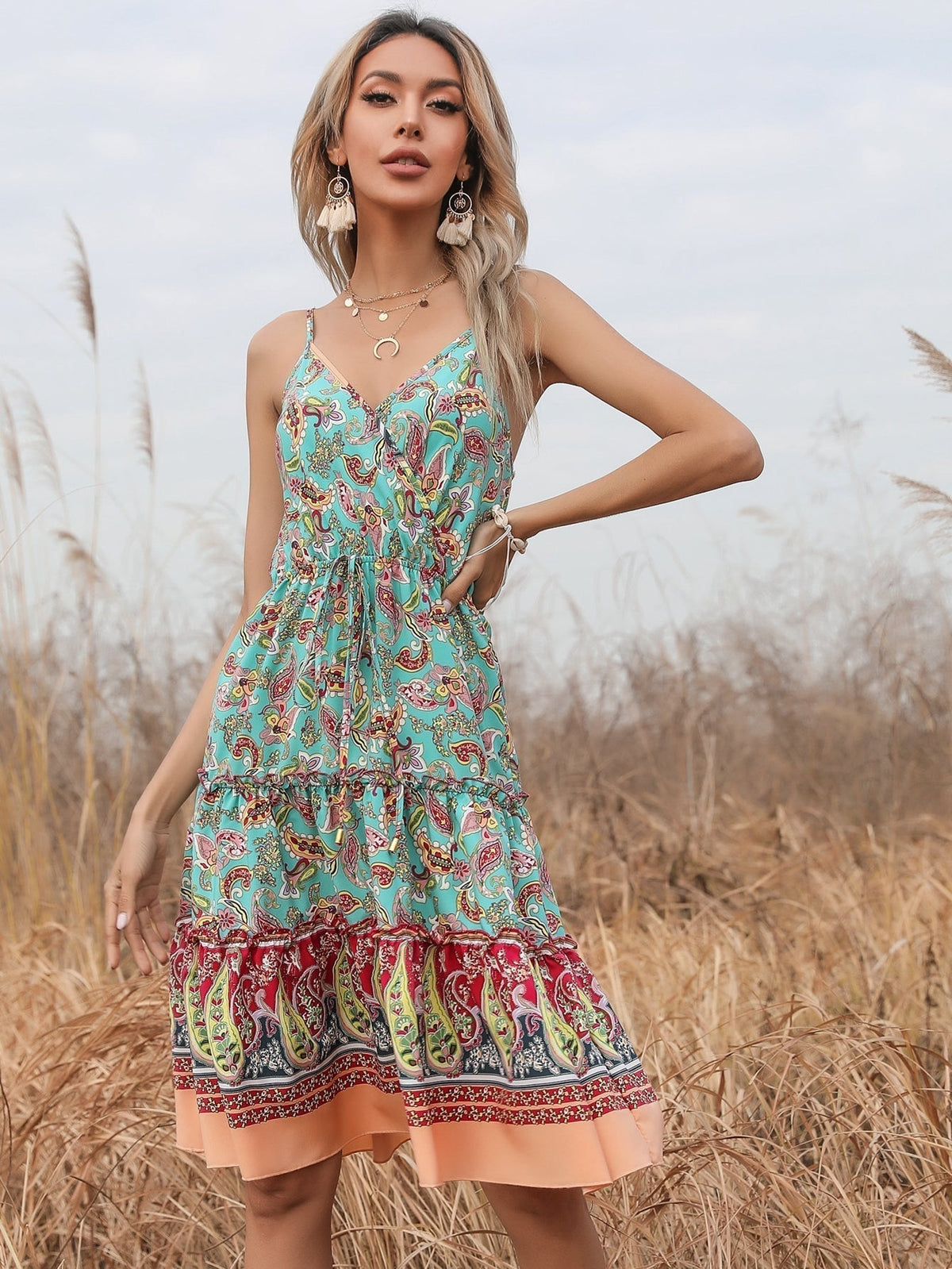 Paisley Print V-Neck Spaghetti Strap Tiered Mini Dress