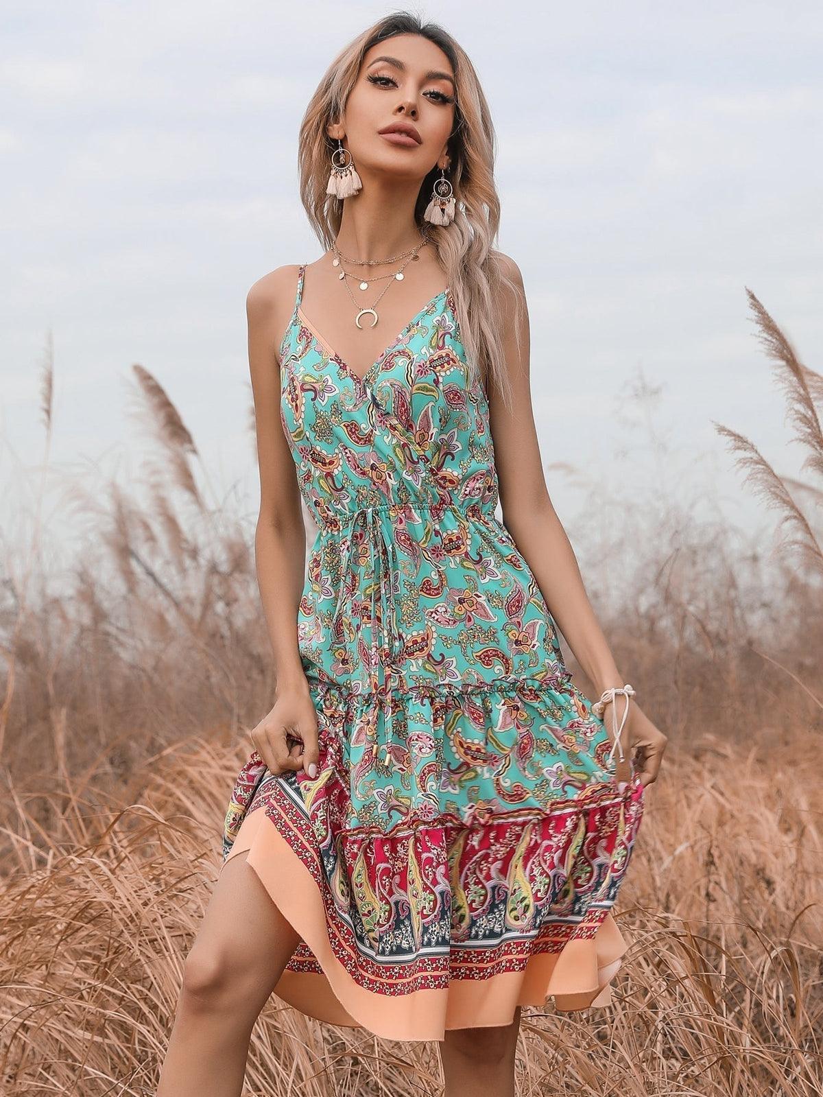 Paisley Print V-Neck Spaghetti Strap Tiered Mini Dress