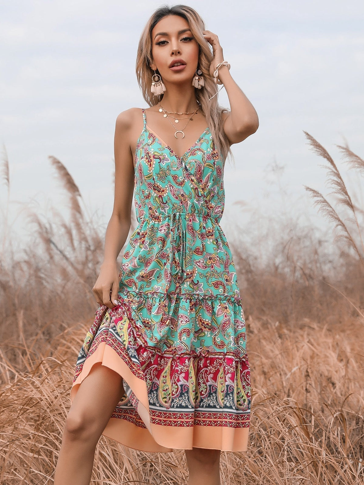Paisley Print V-Neck Spaghetti Strap Tiered Mini Dress