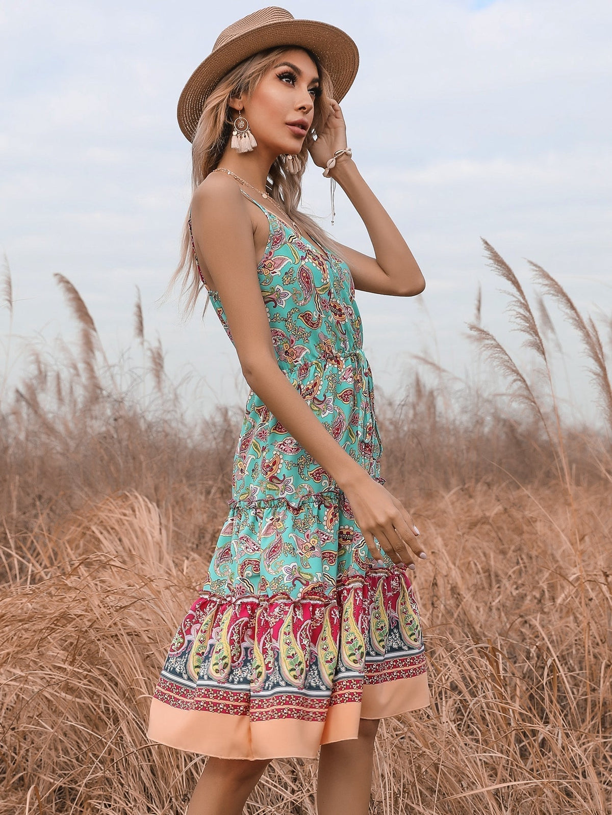 Paisley Print V-Neck Spaghetti Strap Tiered Mini Dress