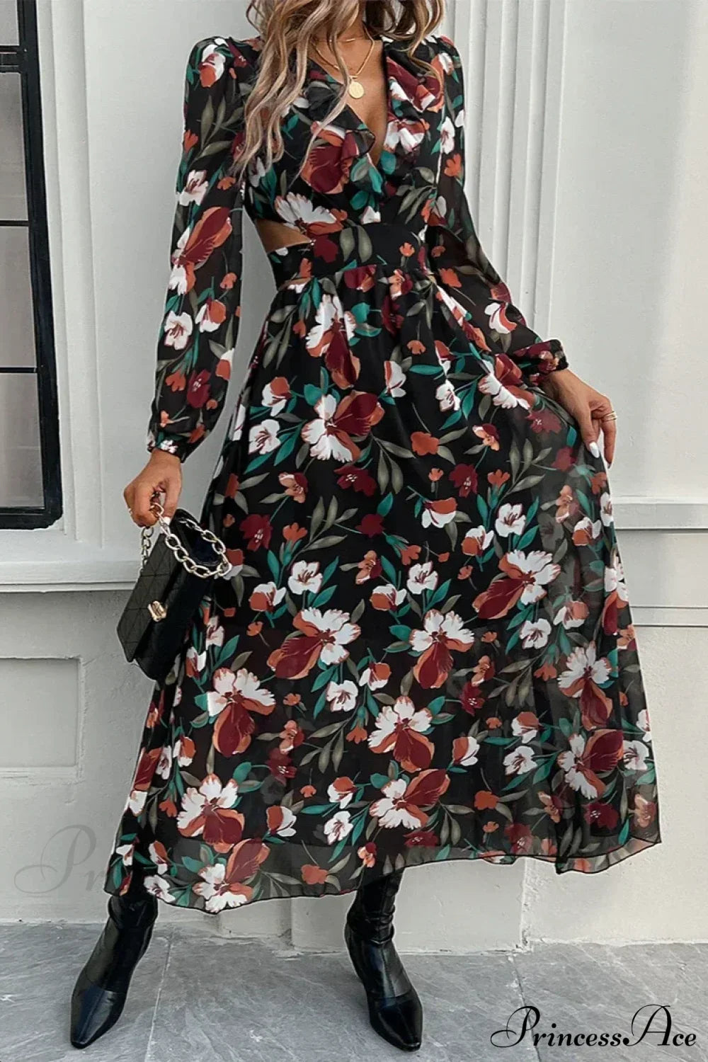 Boho Beach Deep V Neck Maxi Dress Black / S bohodress-250126