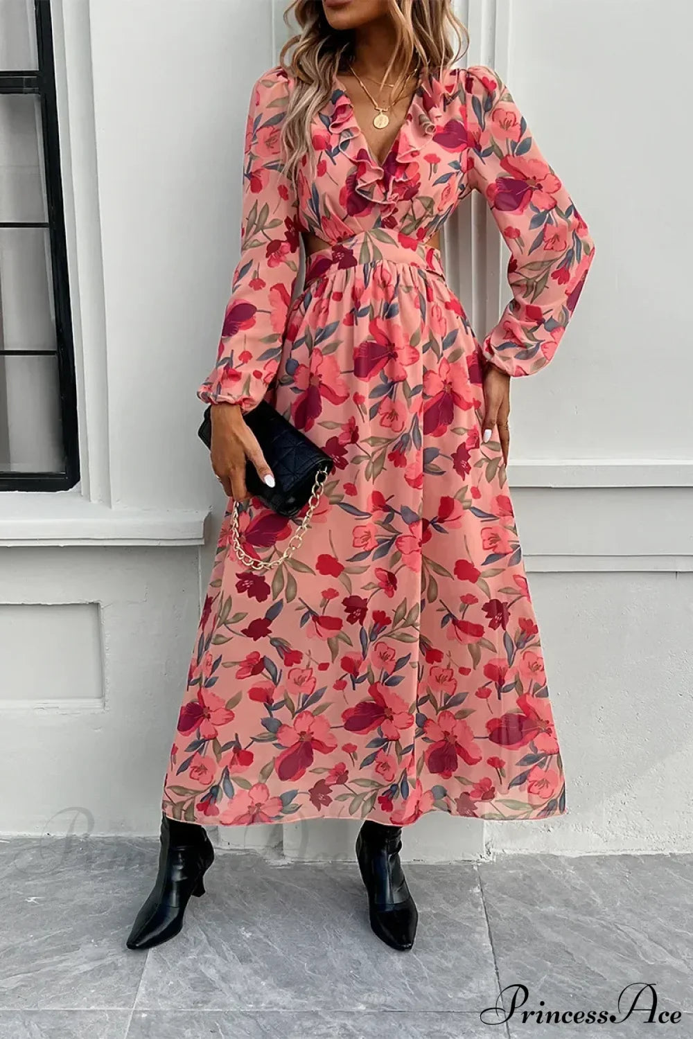 Boho Beach Deep V Neck Maxi Dress Pink / S bohodress-250126