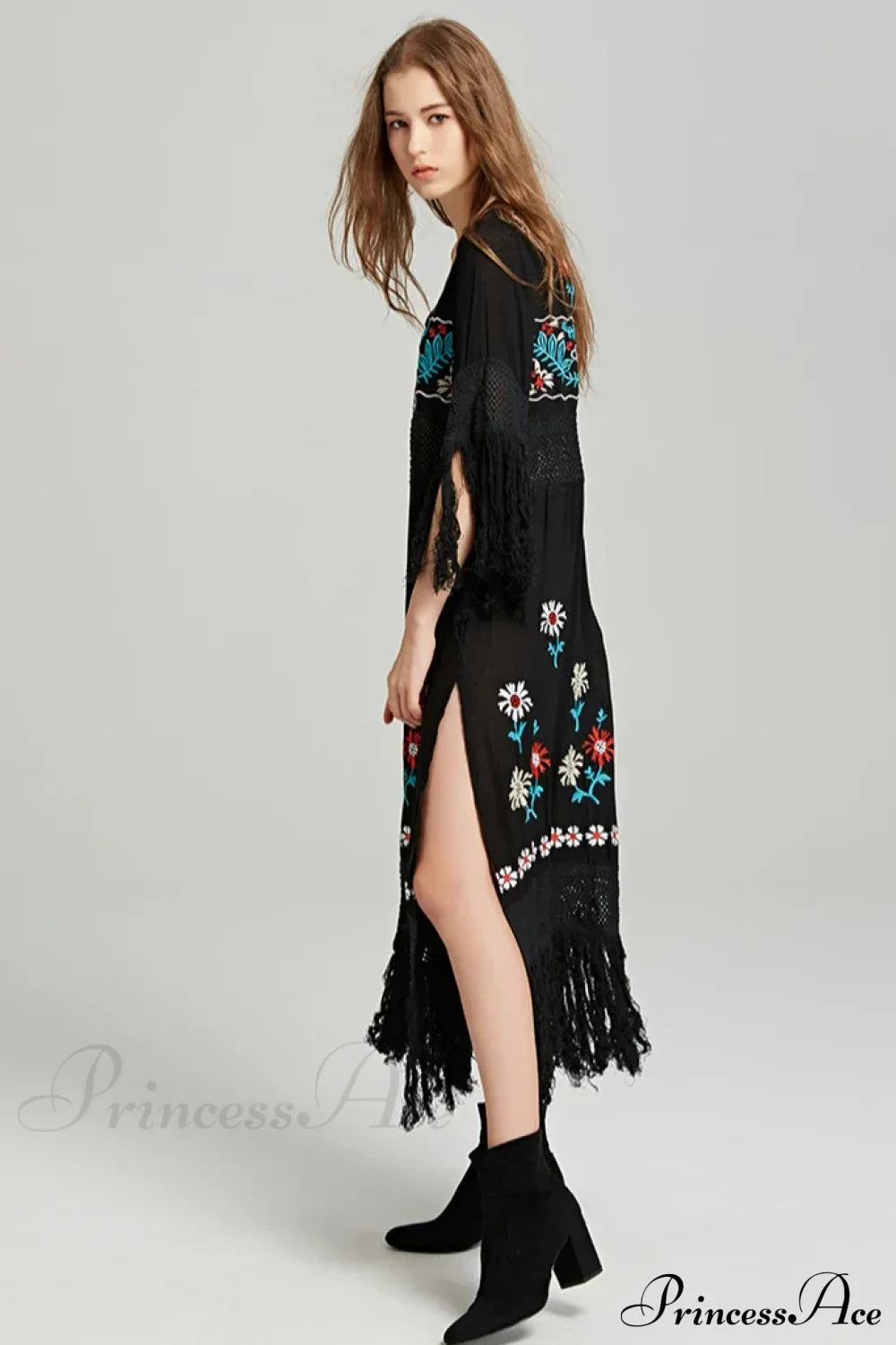 Boho Black Cotton Floral Embroidery Dress