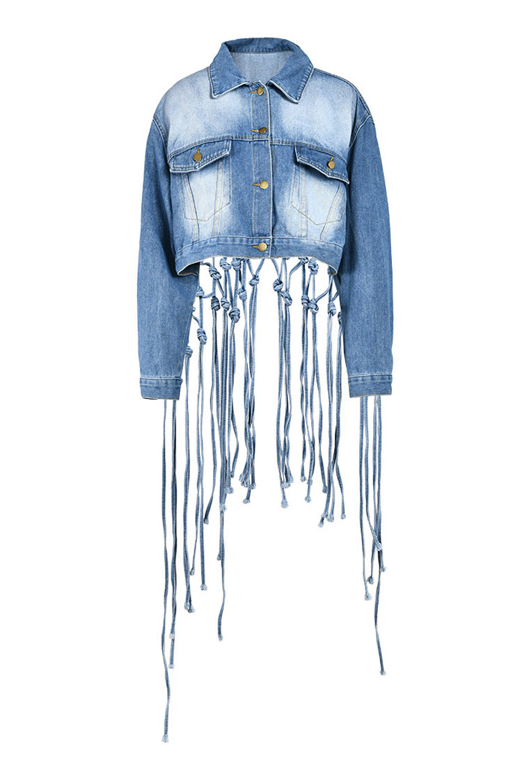 Boho Chic Button Down High Low Cutout Macrame Fringe Crop Denim Jacket - Fashionpara