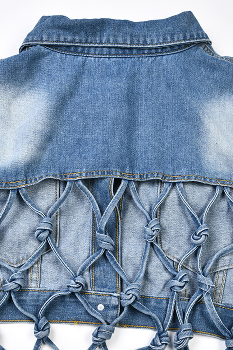 Boho Chic Button Down High Low Cutout Macrame Fringe Crop Denim Jacket - Fashionpara