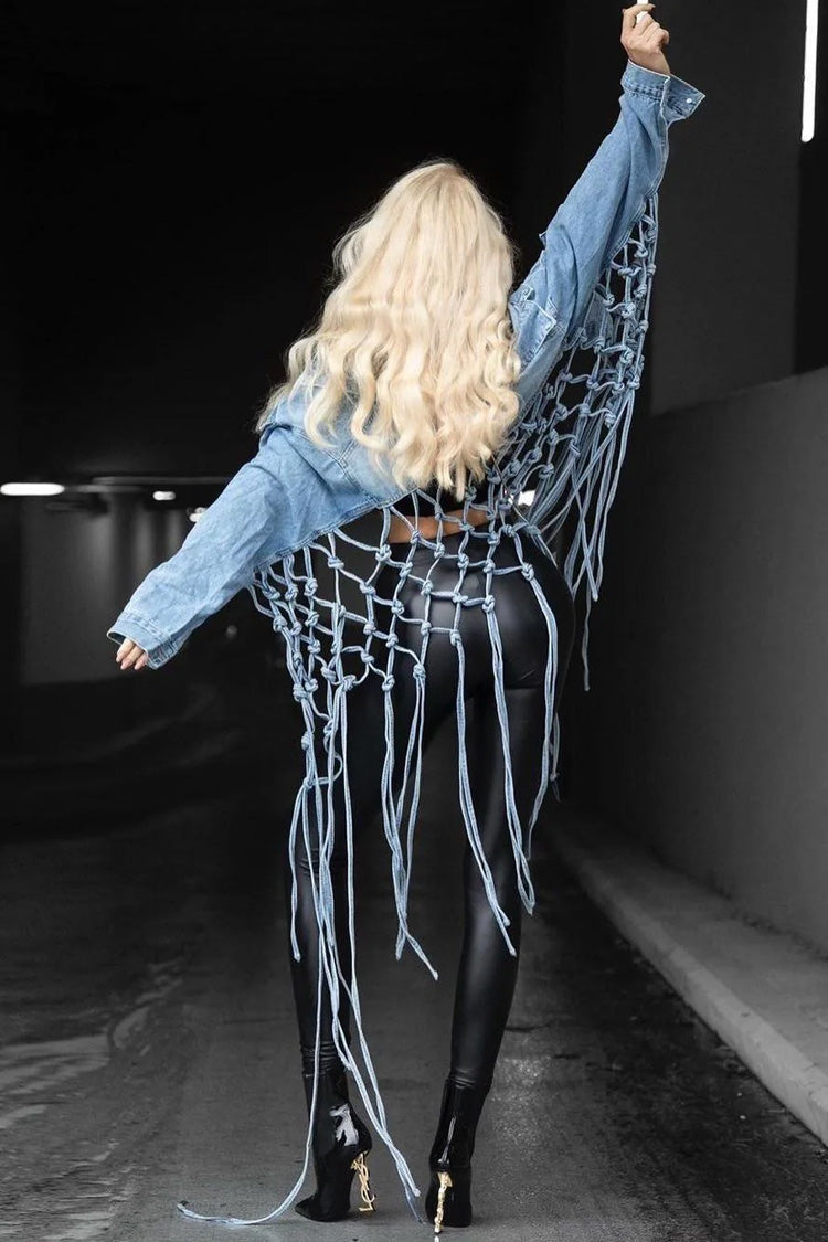 Boho Chic Button Down High Low Cutout Macrame Fringe Crop Denim Jacket - Fashionpara
