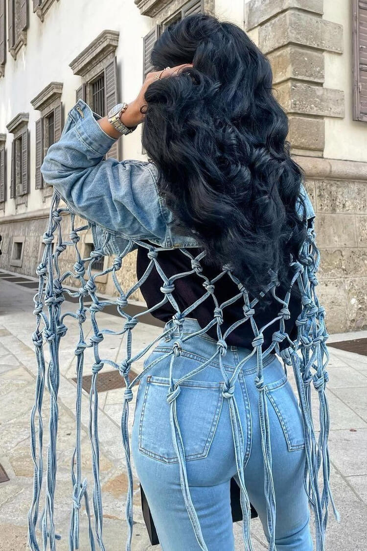 Boho Chic Button Down High Low Cutout Macrame Fringe Crop Denim Jacket - Fashionpara